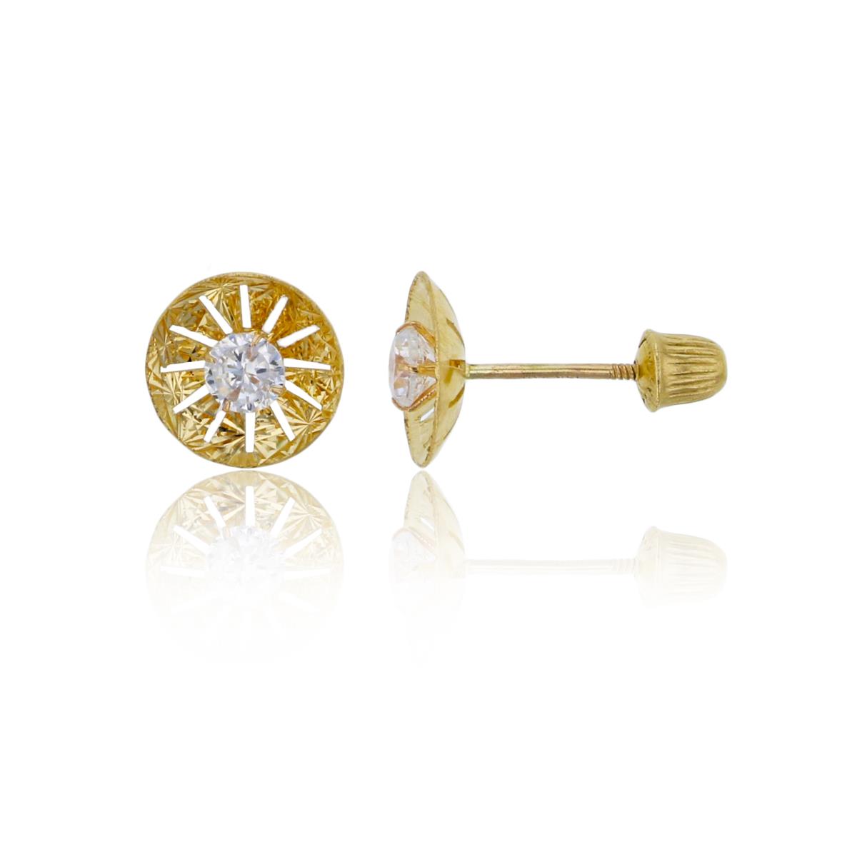 14K Yellow Gold 7.00mm Diamond Cut Concave Disk & 3mm Rd Cut Screw-Back Stud Earring