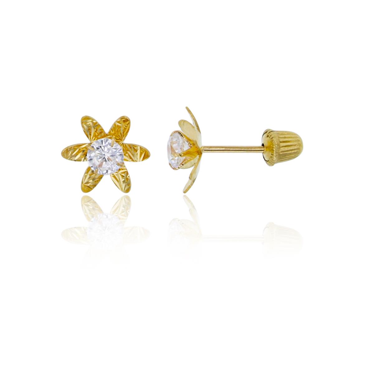 14K Yellow Gold 6x7mm Diamond Cut Flower 3mm Rd Cut Screw-Back Stud Earring