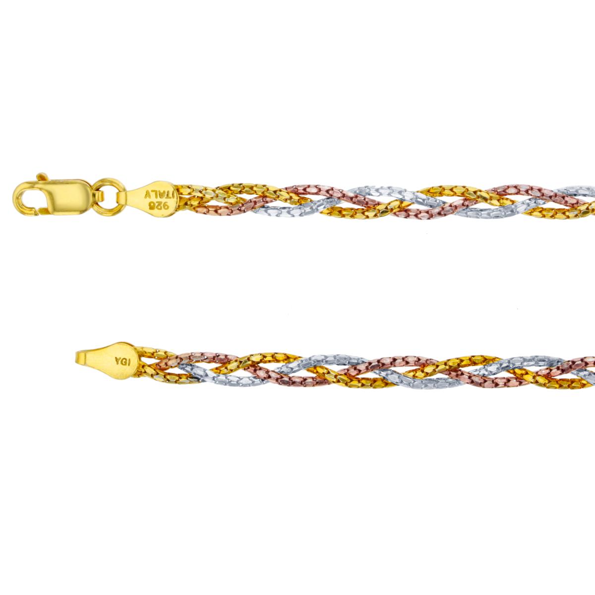 Sterling Silver Tricolor 3.50mm Triple Small Popcorn Braid 18" Chain Necklace