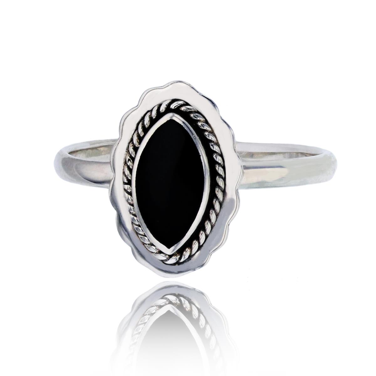 Sterling Silver Oxidized Black Onyx Marquise Cut Polished Solitaire Ring