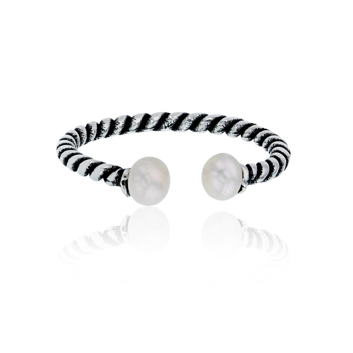 Sterling Silver Oxidized Freshwater Pearl Twisted Open Shank Adjustable Fashion Ring