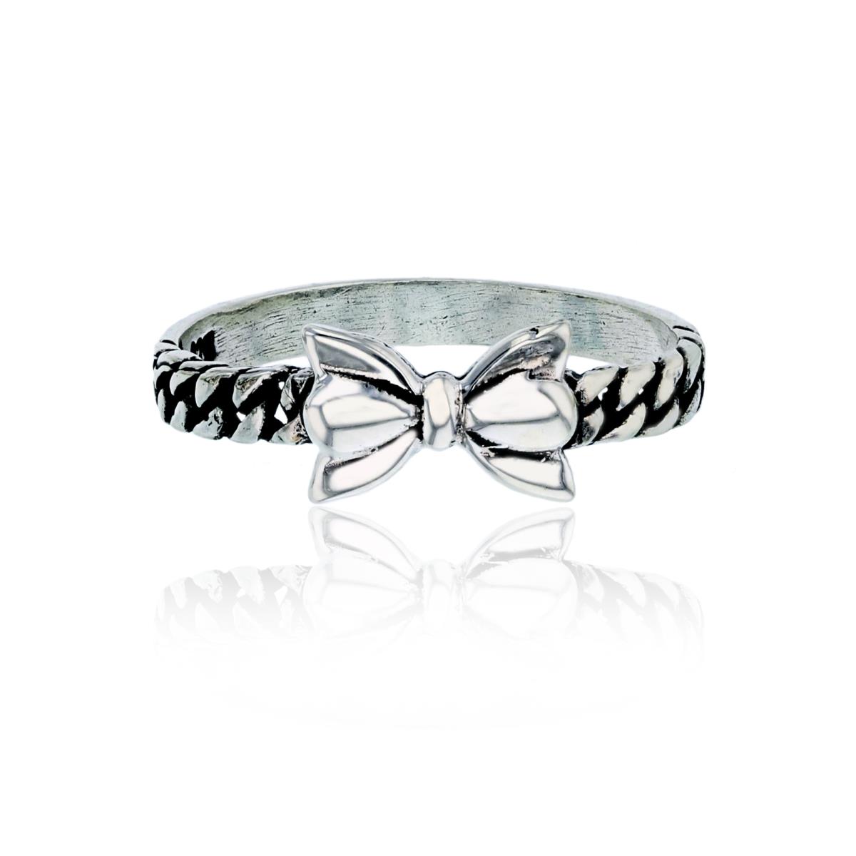 Sterling Silver Oxidized Bow Cuban Chain Sides Fashion Ring