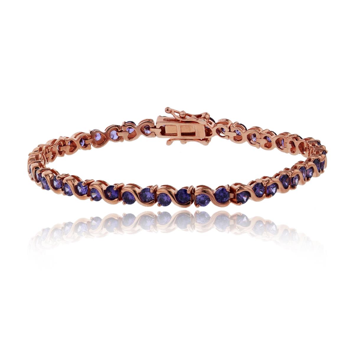 Sterling Silver Rose 3mm Round Cut Amethyst CZ S Design Tennis 7'' Bracelet