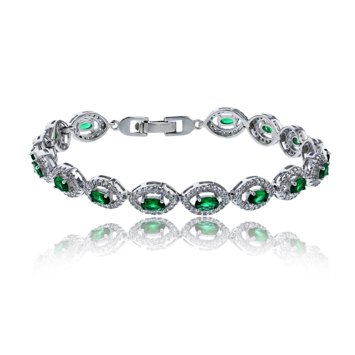 Sterling Silver Rhodium 3x5mm Oval Green CZ Halo 7" Tennis Bracelet