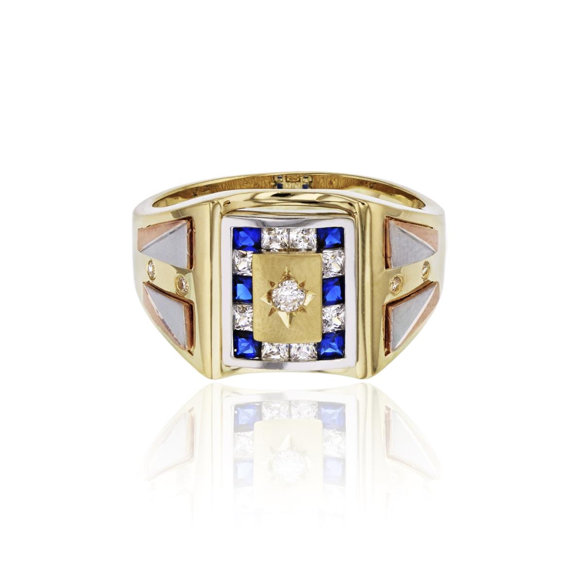14K Tri-Color Gold Princess Cut CZ and Sapphire Blue Fancy Satin Mens Ring