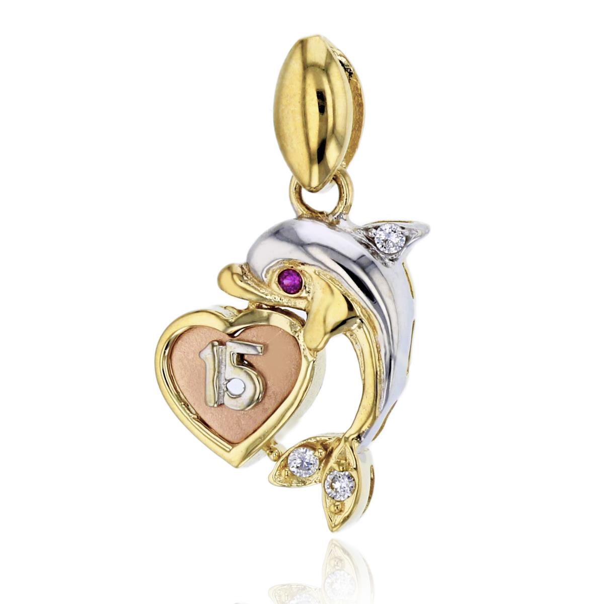 14K Tricolor Gold 24x13MM 15 Quince Anos Dolphin Pendant