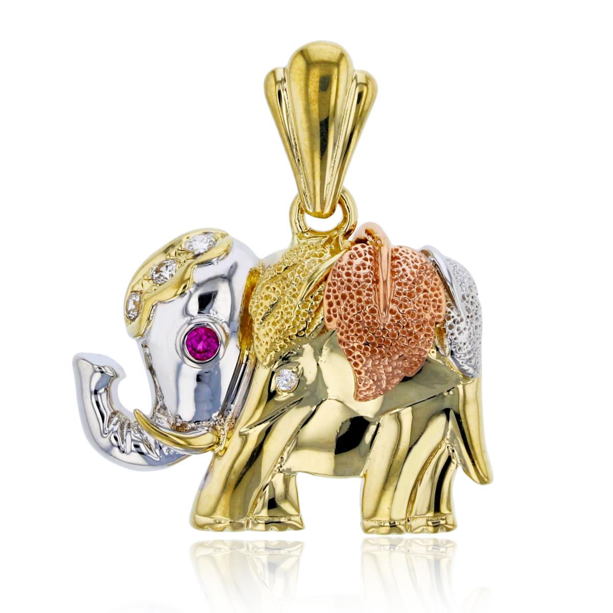 14K Tricolor Gold 30x24MM Ruby & White Elephant Pendant
