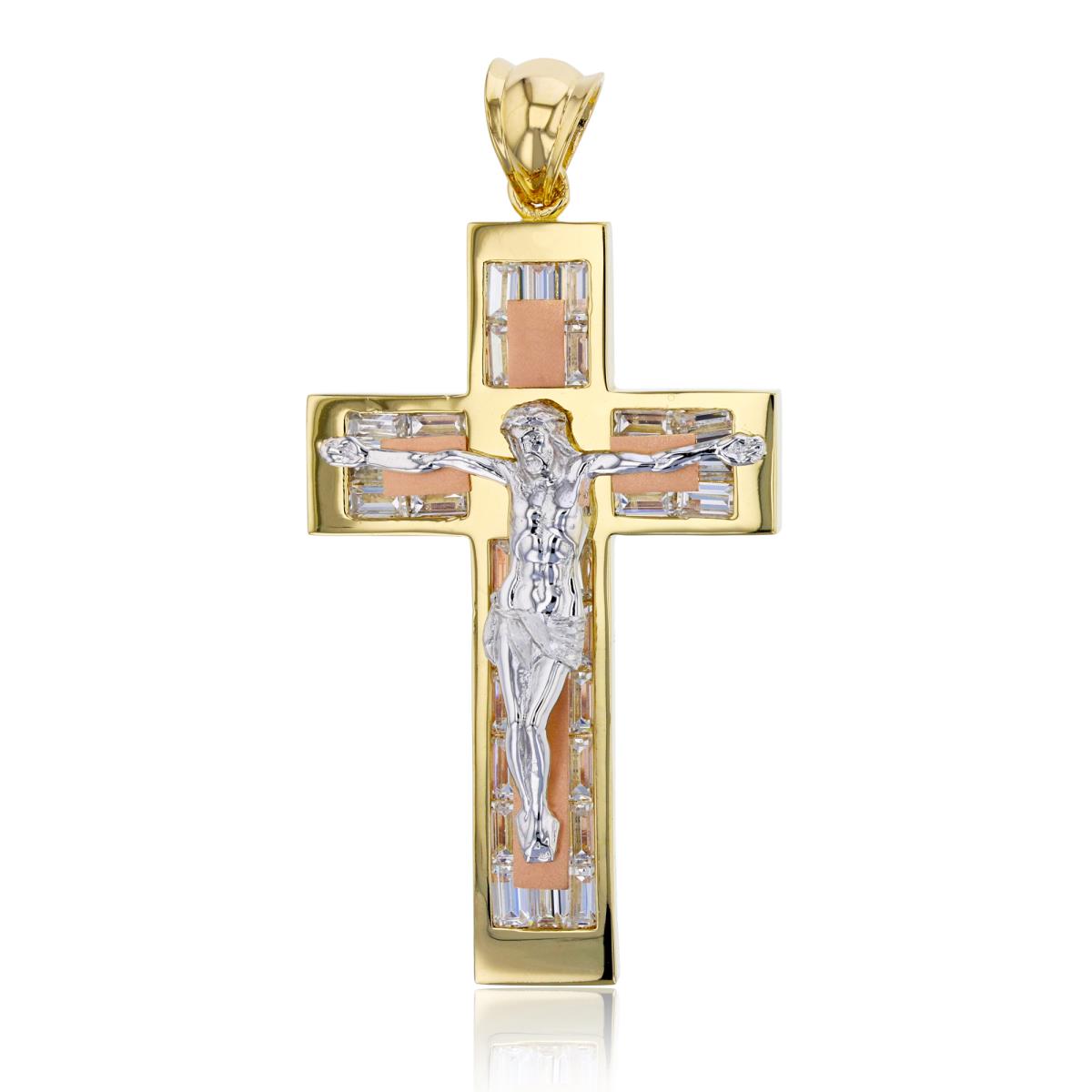 14K Tricolor Gold 66x33MM Jesus Baguette Cross Pendant