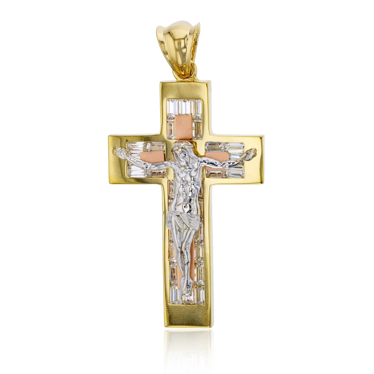14K Tricolor Gold 52x27MM Jesus Baguette Cross Pendant
