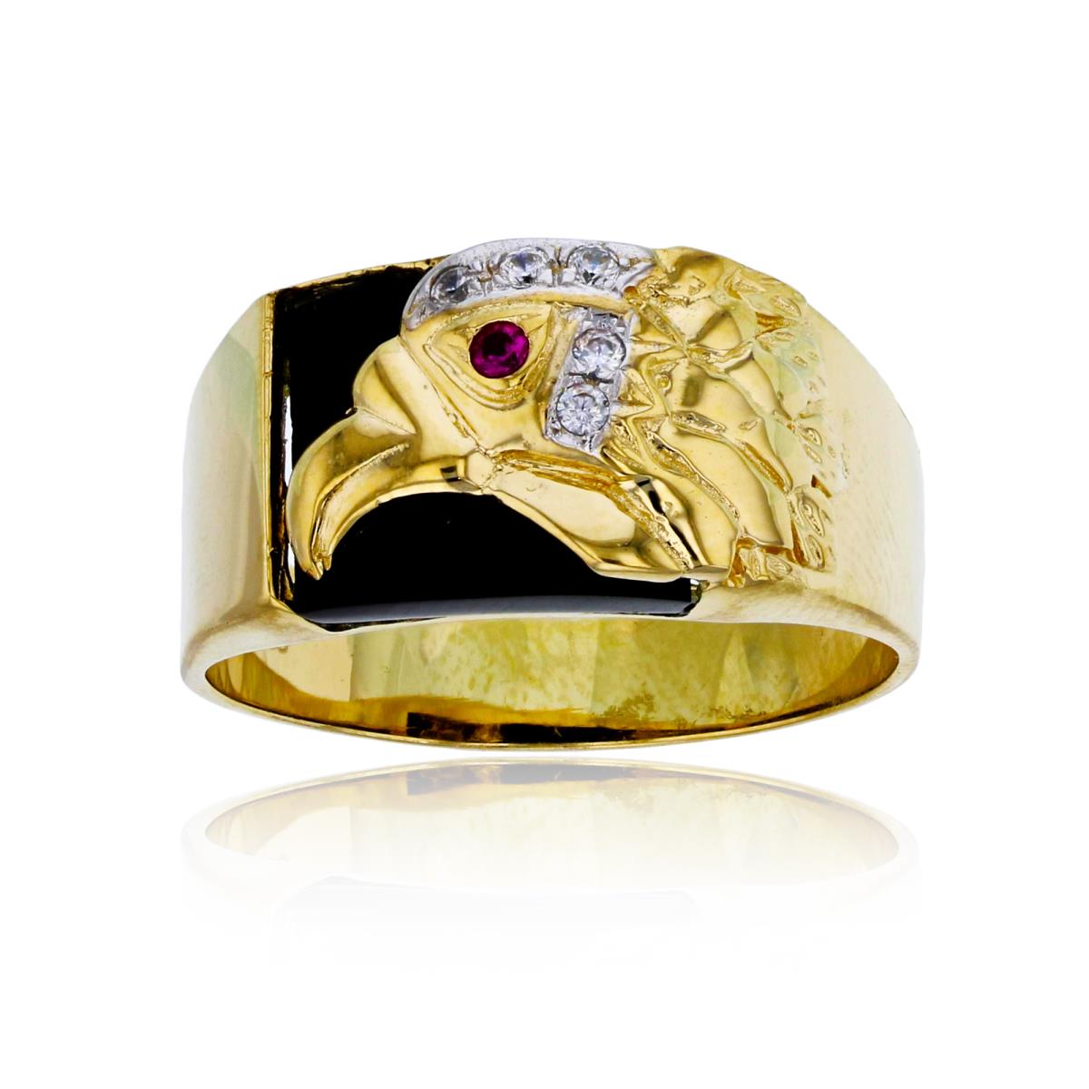 14K Yellow Gold Textured Black Onyx Eagle Mens Ring