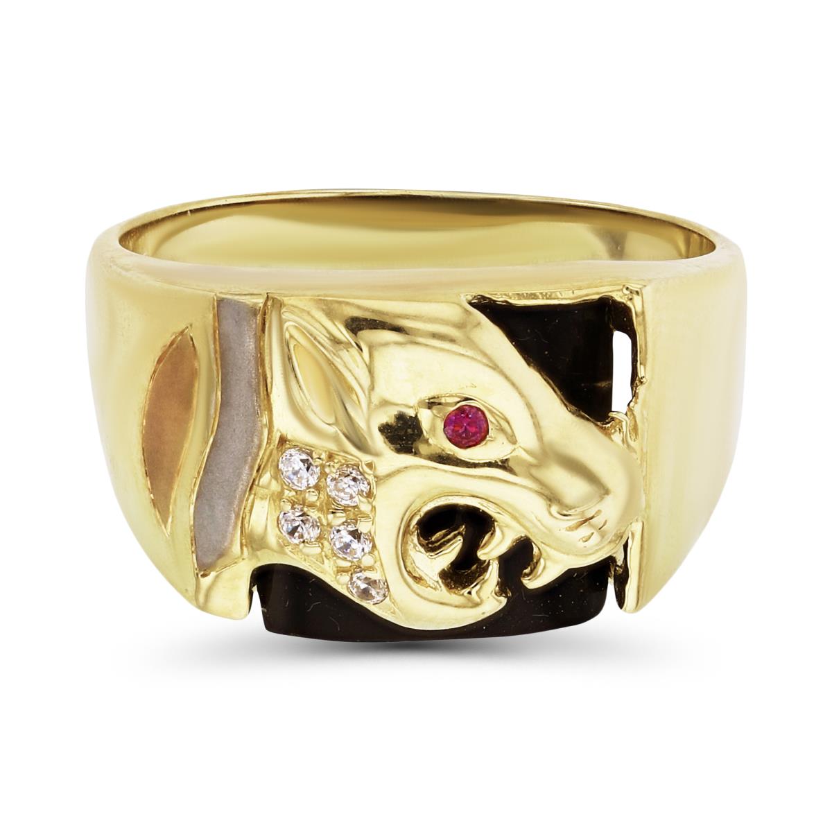 14K Tricolor Gold Satin&Polished Black Onyx Puma Mens Ring