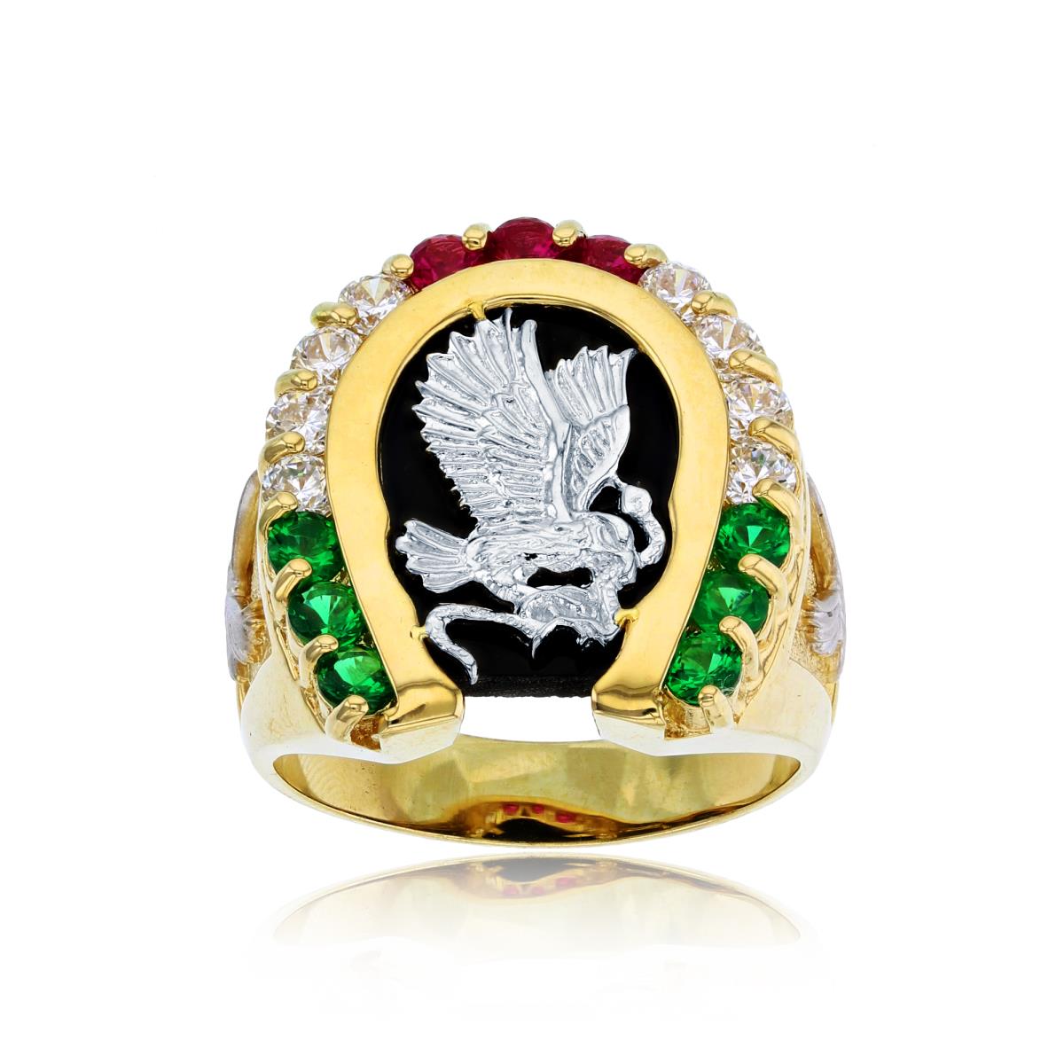 14K Yellow & White Gold Black Onyx Mexican Color CZ Eagle Mens Ring