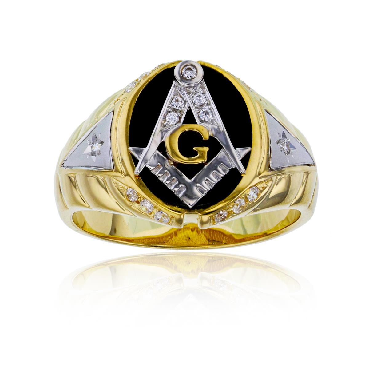 14K Yellow & White Gold Black Onyx Masonic G Mens Ring