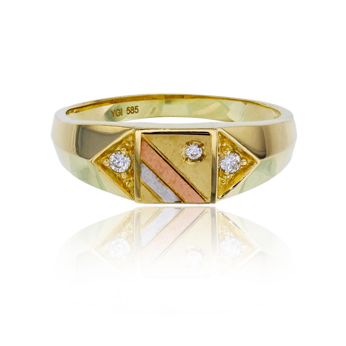 14K Tricolor Gold Satin Square with Triangle Mens Ring