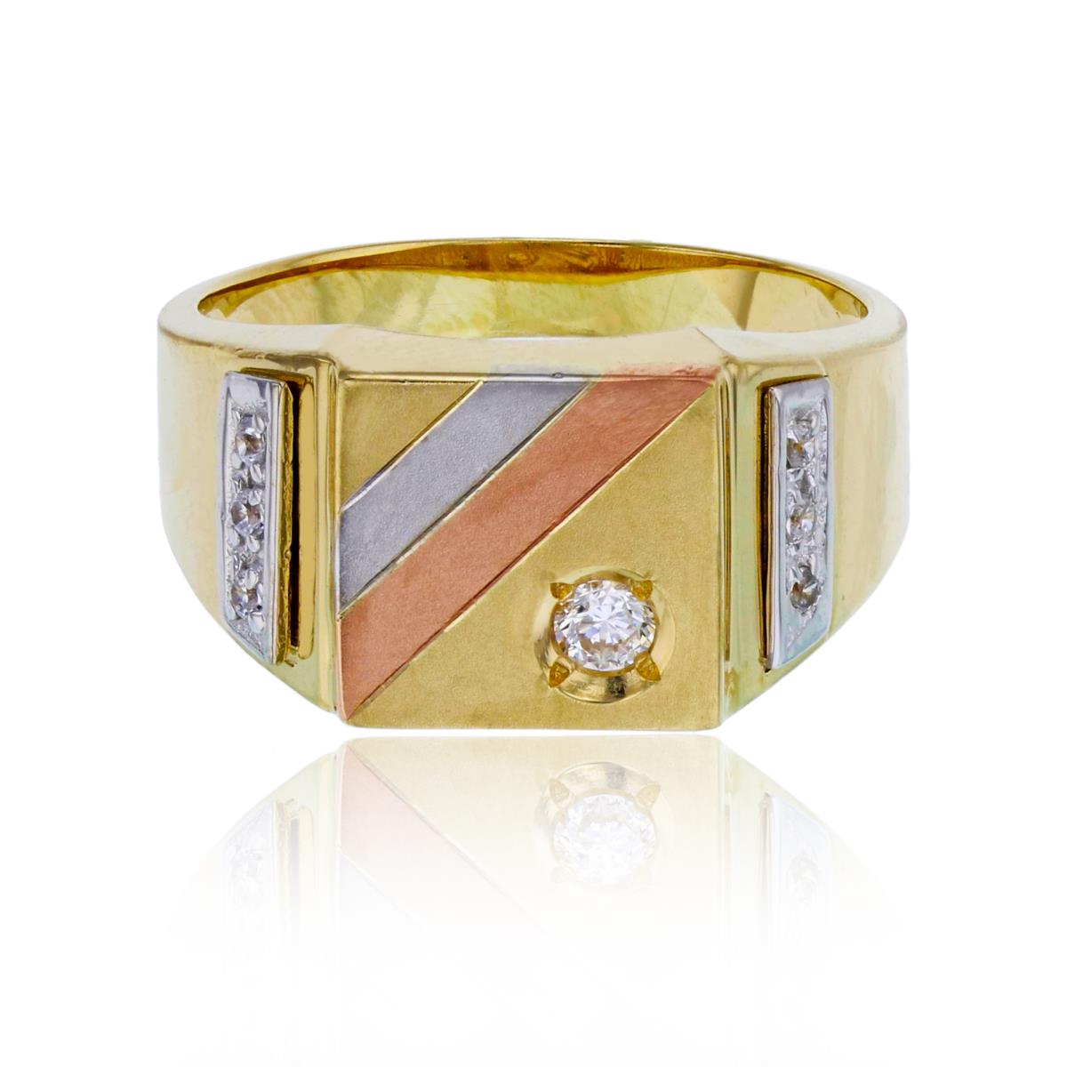 14K Tricolor Gold Satin  Square Rd Pave Mens Ring