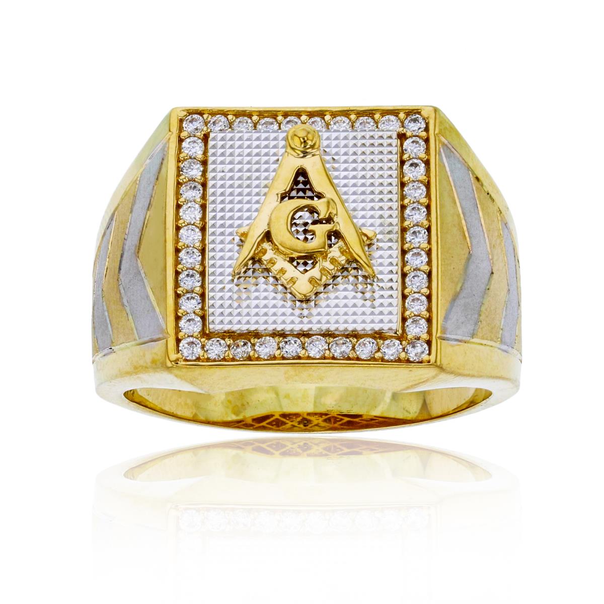 14K Yellow & White Gold Textured Masonic G Mens Ring