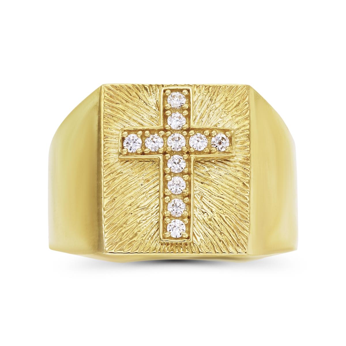 14K Yellow Gold Textured 3D Cross Mens Ring