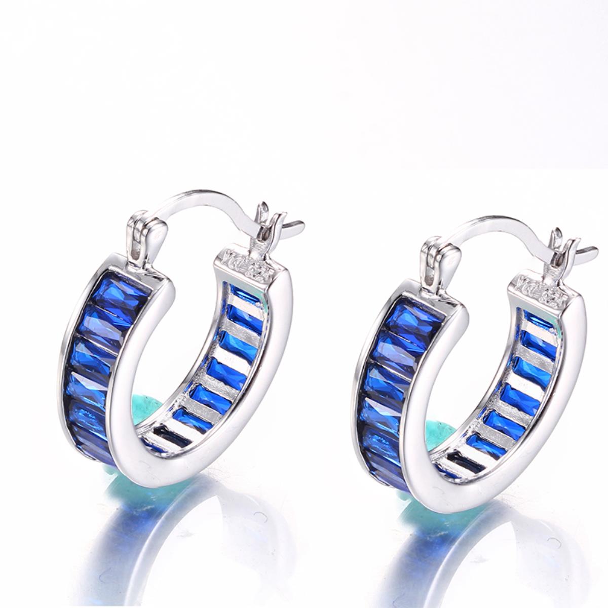 Sterling Silver Rhodium 2x4mm Blue Glass Baguette Cut Hoop Earring