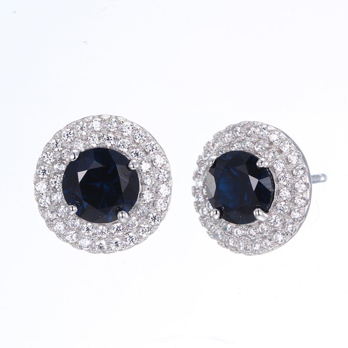 Sterling Silver Rhodium 6mm Round Blue Sapphire Glass Double Halo Stud
