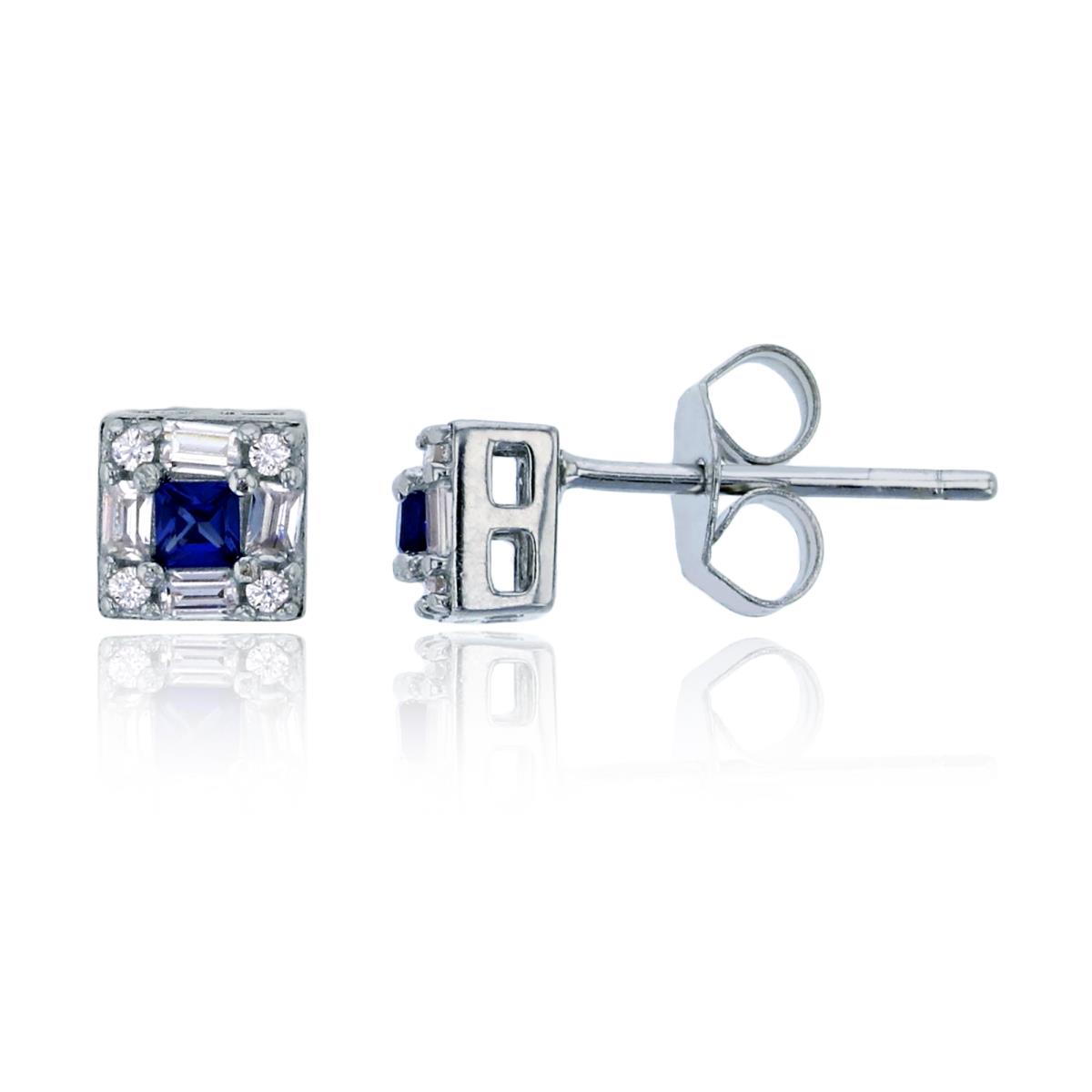 Sterling Silver Rhodium Pave 5mm White & Blue Sapphire Glass Square Stud Earring