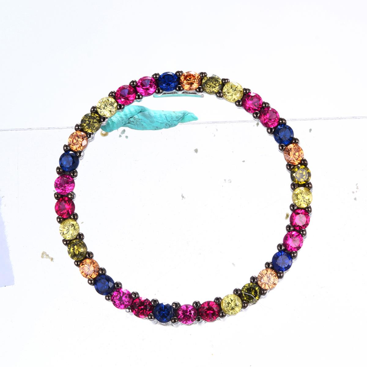 Sterling Silver Rhodium&Black Pave Multi-Color Glass Circle 18" Necklace