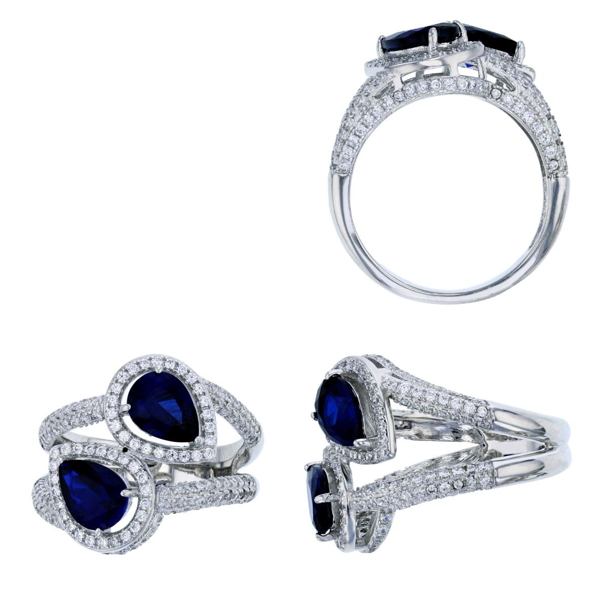 Sterling Silver Rhodium 8x6mm Pear Cut Sapphire Glass Micropave 2-Strand Fashion Ring