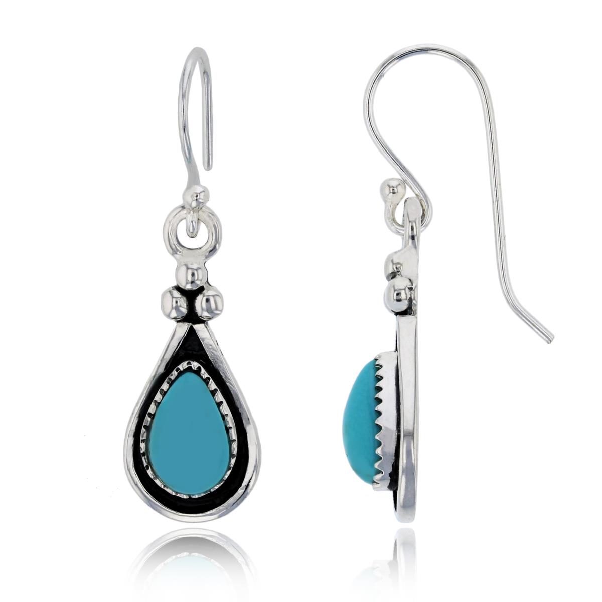 Sterling Silver Oxidized Pear Shape Created Turquoise Dangling Earring
