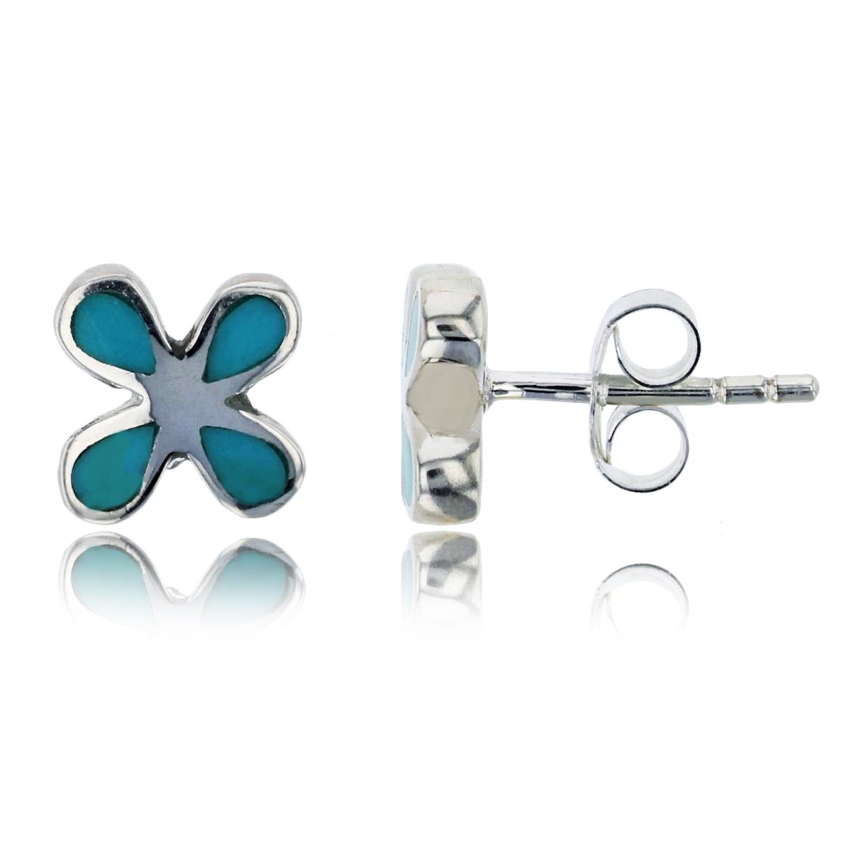 Sterling Silver Silver Plated Created Turquoise Clover Flower Stud Earring