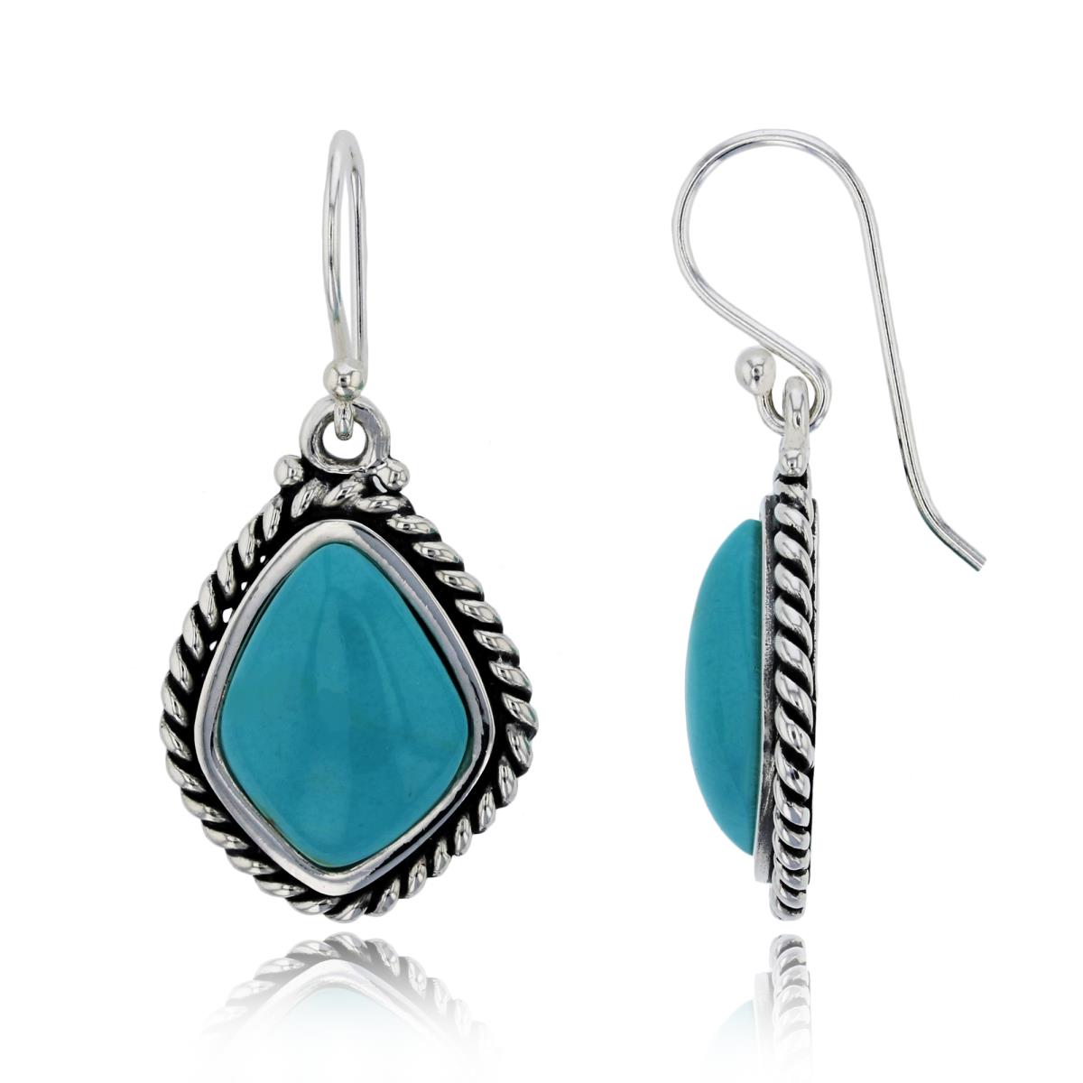 Sterling Silver Oxidized Created Turquoise Teardrop Rope Halo Dangling Earring