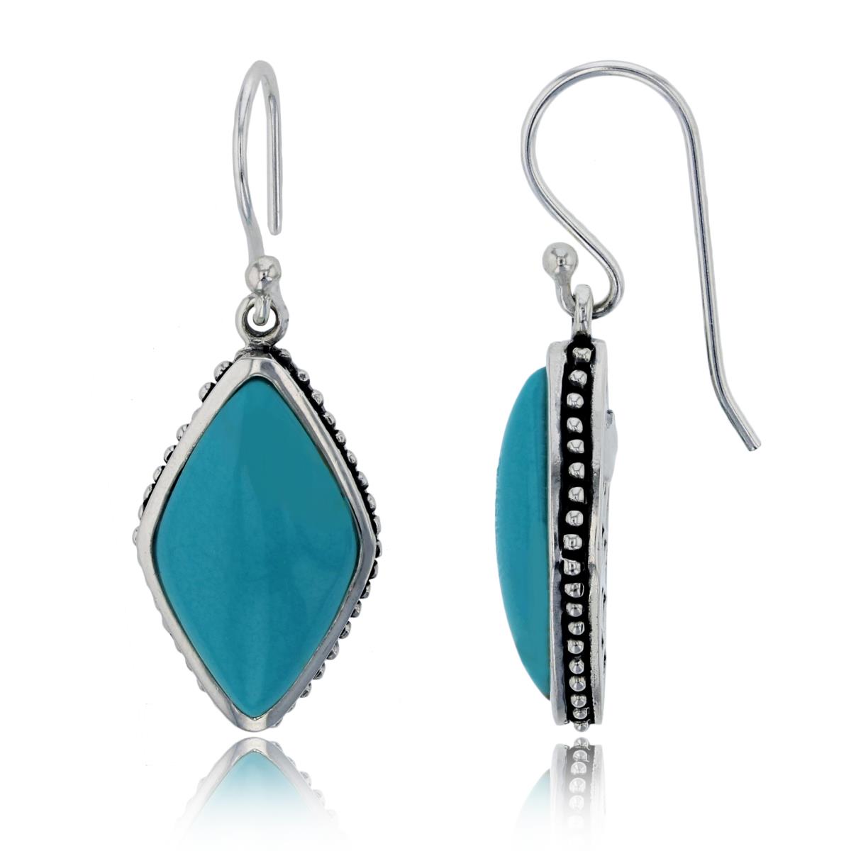 Sterling Silver Oxidized Created Turquoise Rhombus Milgrain Dangling Earring
