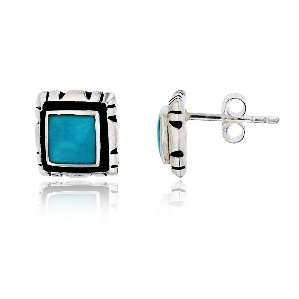 Sterling Silver Oxidized Square Created Turquoise Stud Earring