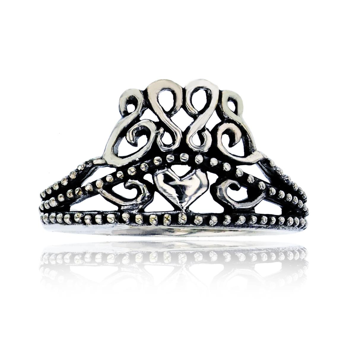 Sterling Silver Oxidized Milgrain Filigree Crown Fashion Ring