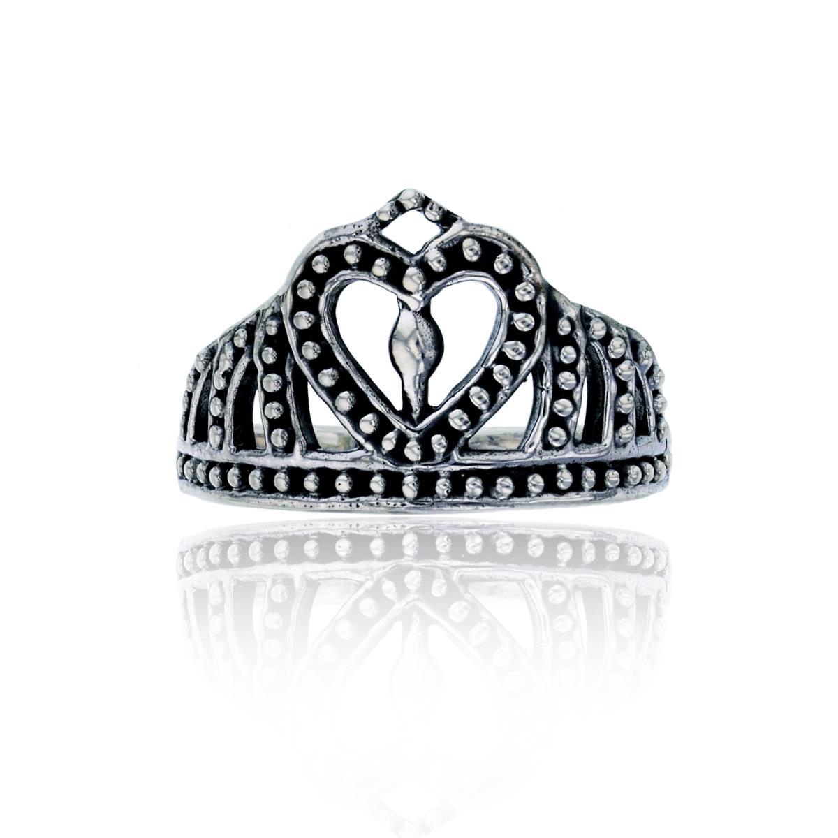 Sterling Silver Oxidized Milgrain Princess Crown Fashion Ring