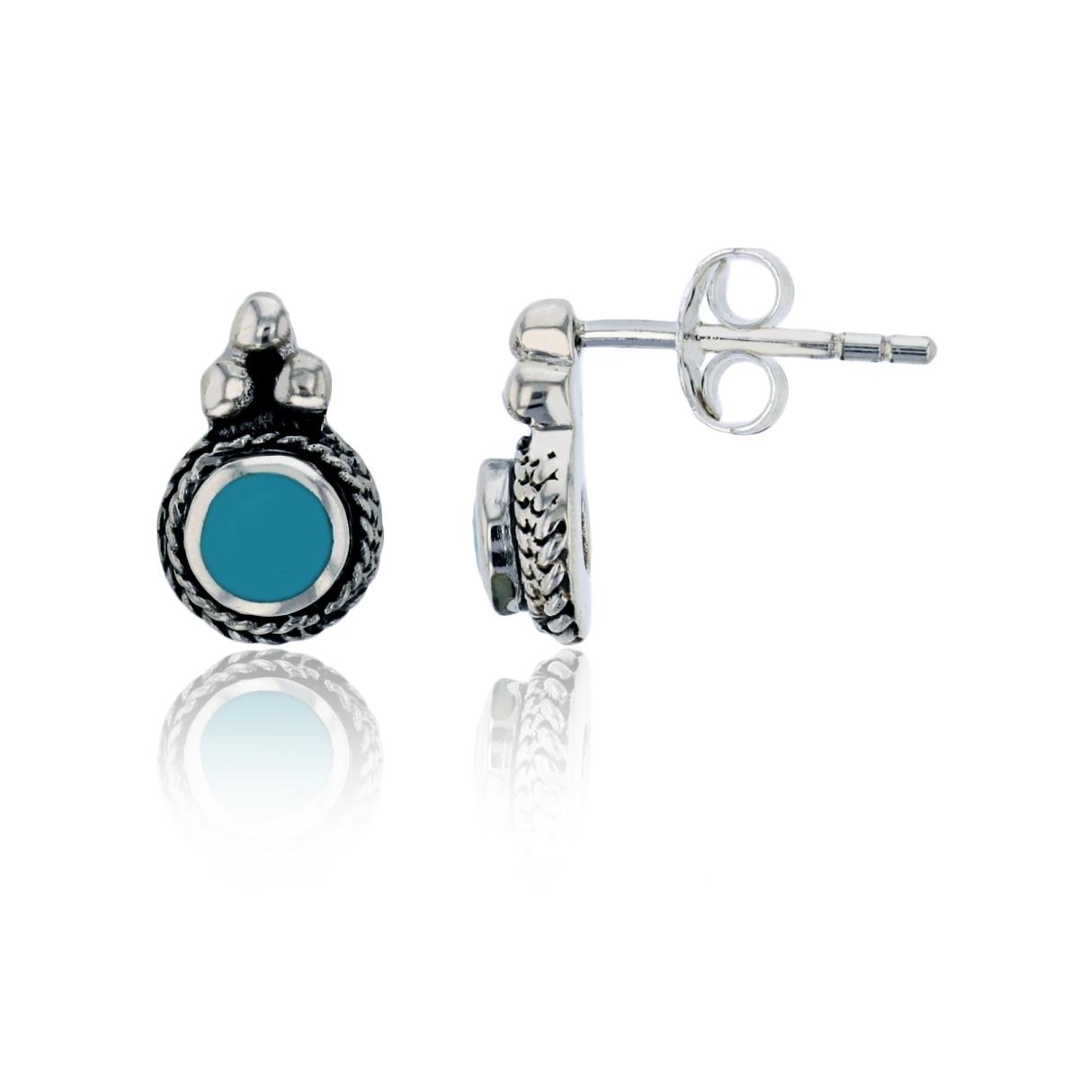Sterling Silver Oxidized Round Created Turquoise Rope Halo Triple Bubbles Stud Earring