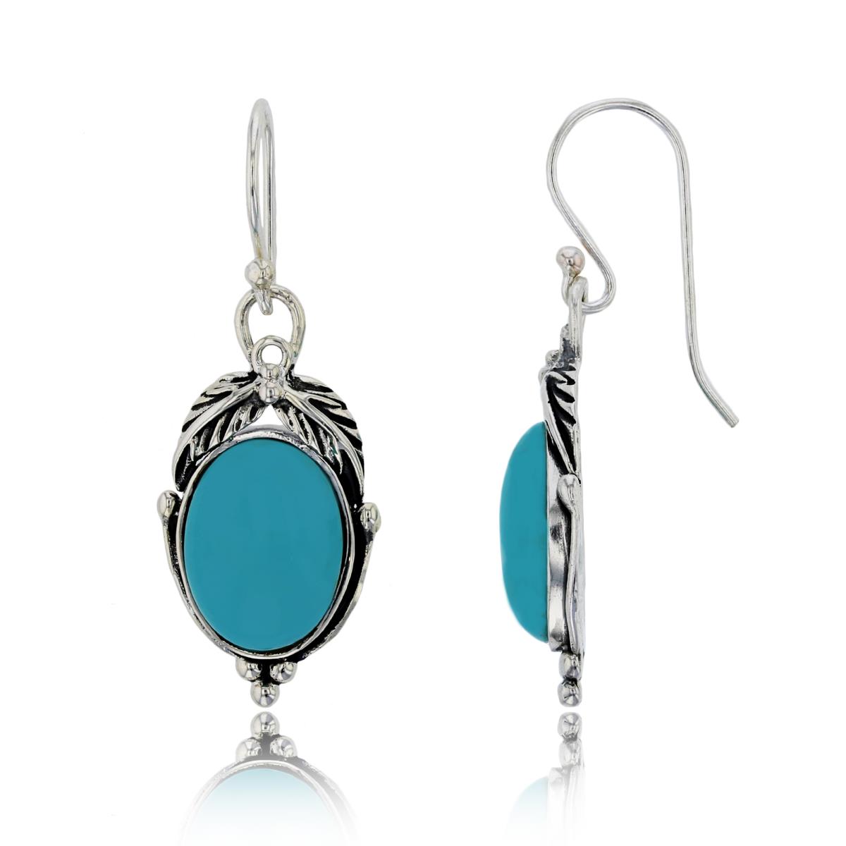 Sterling Silver Oxidized Oval Created Turquoise Leaf Dangling Earring