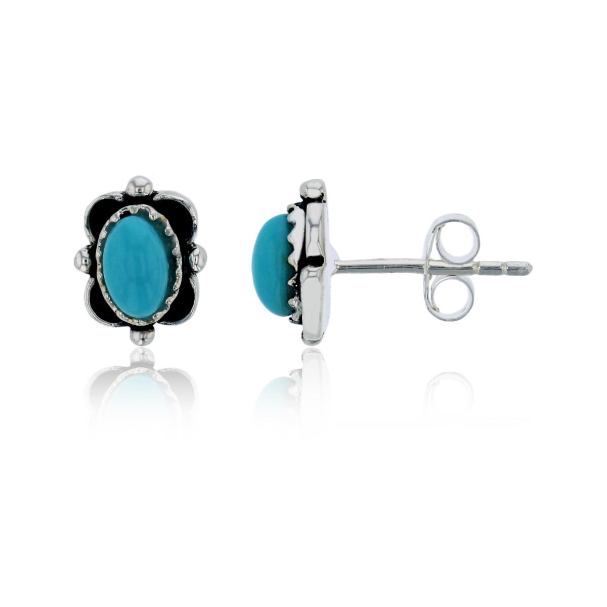 Sterling Silver Oxidized Domed Oval Created Turquoise Stud Earring