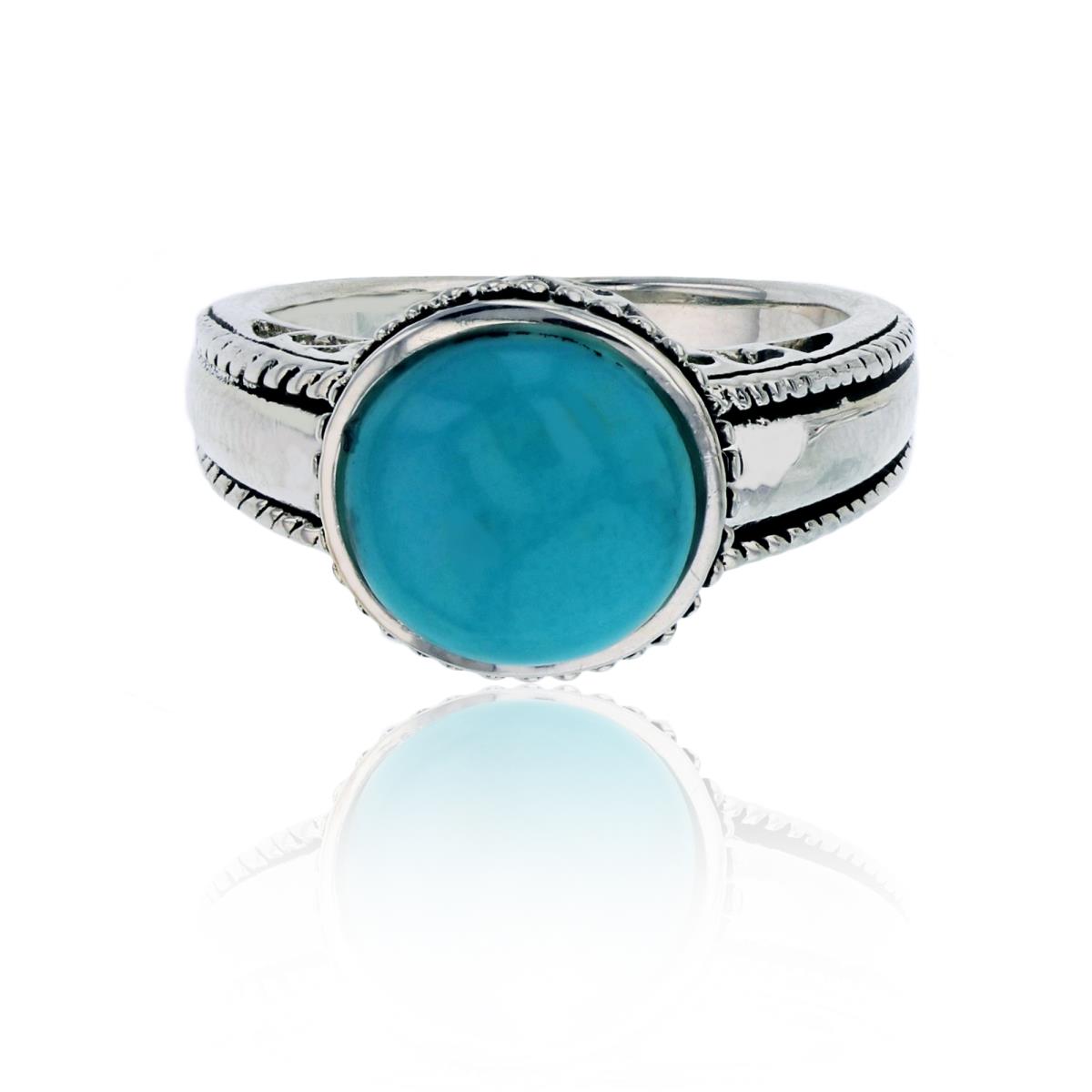 Sterling Silver Oxidized Round Created Turquoise Basket Set Milgrain Fashion Ring