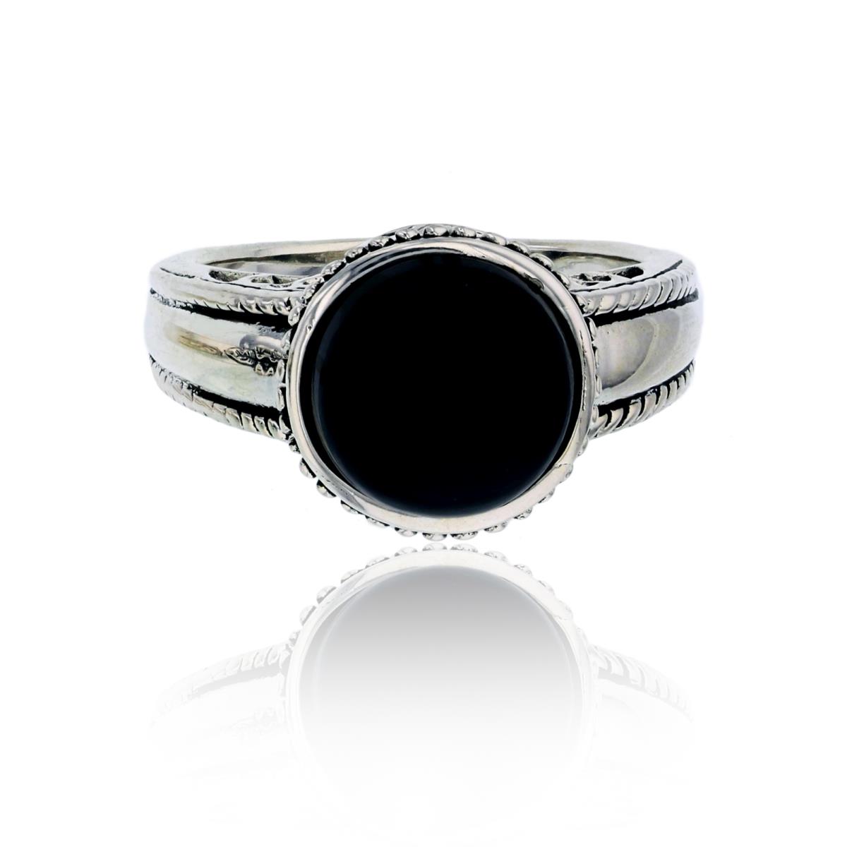 Sterling Silver Oxidized Round Black Onyx Basket Set Milgrain Fashion Ring