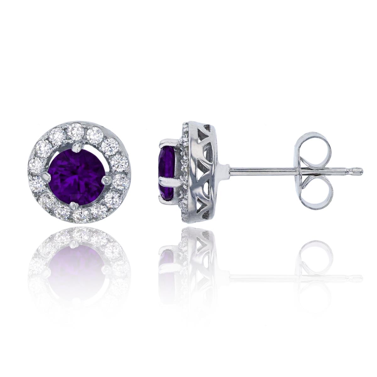Sterling Silver Rhodium Pave 5mm Rd Amethyst CZ Halo Stud Earring
