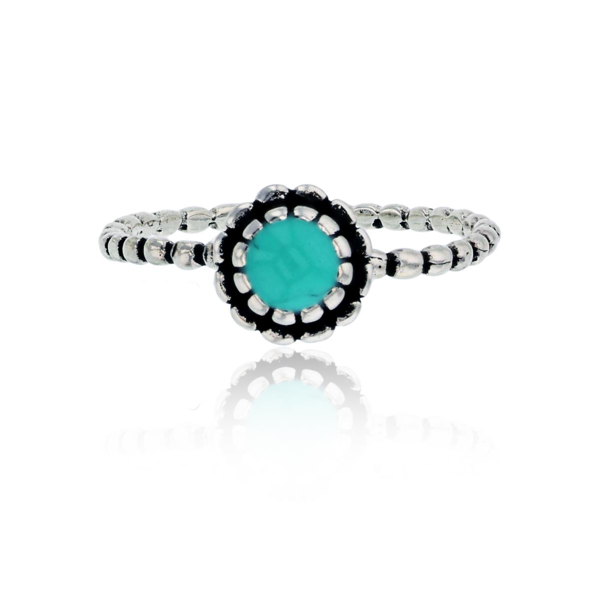 Sterling Silver Oxidized Created Turquoise Flower Bubble Shank Fashion Ring