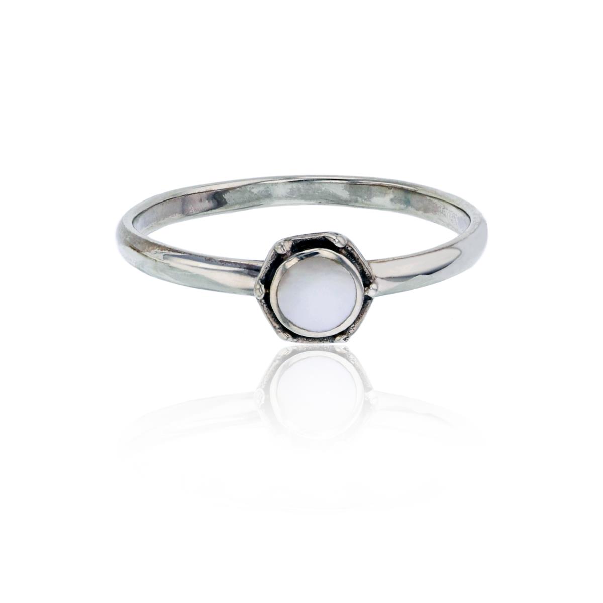 Sterling Silver Oxidized Round Mother Of Pearl Hexagon Fashion Ring