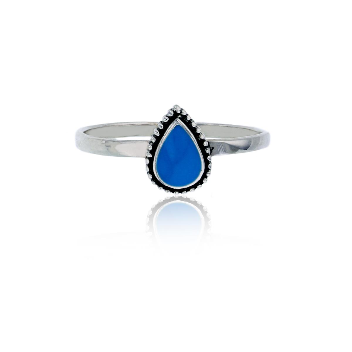 Sterling Silver Oxidized 8mmMilgrain Blue Enamel Pear Shape Fashion Ring