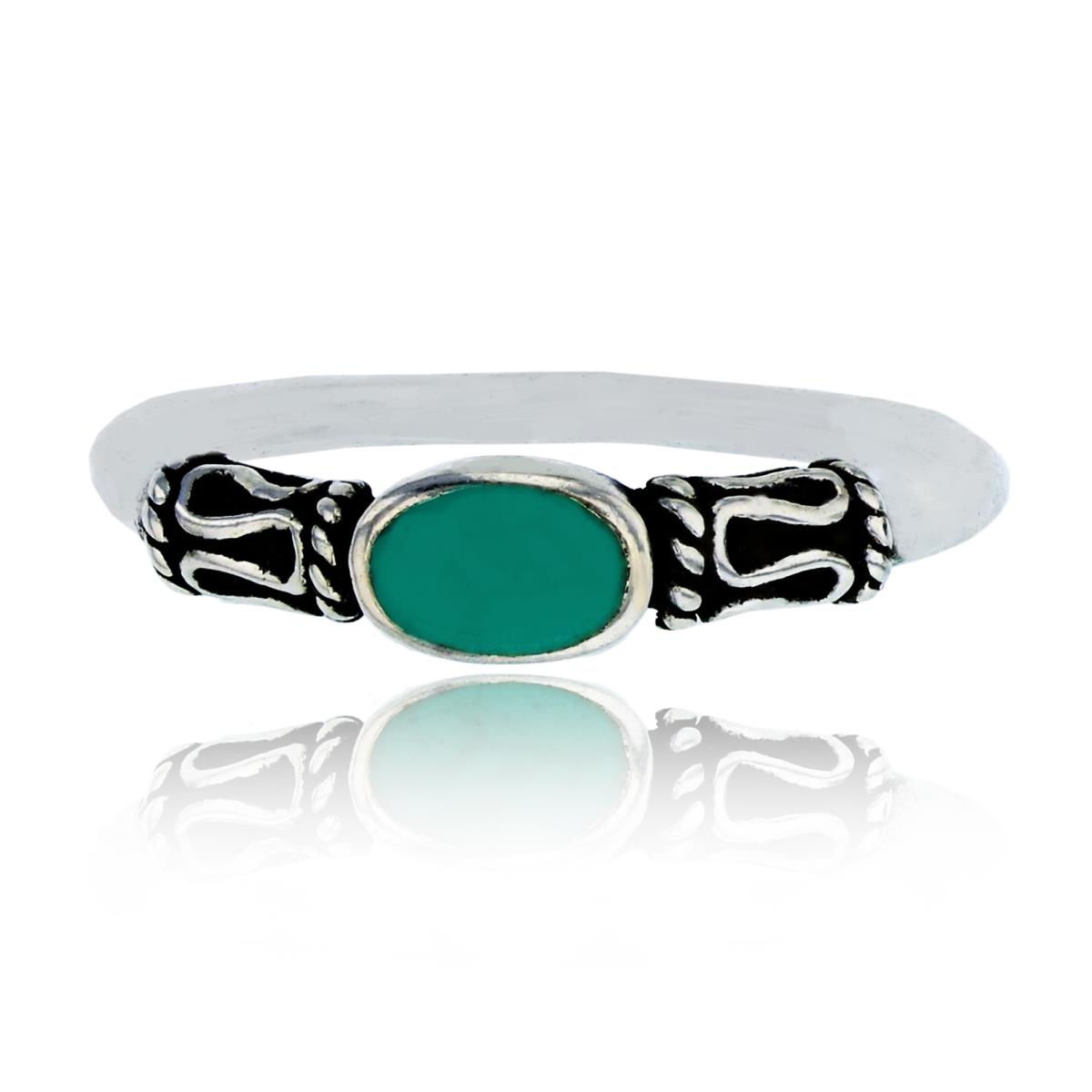 Sterling Silver Oxidized Oval Created Turquoise Textured Sides Fashion Ring