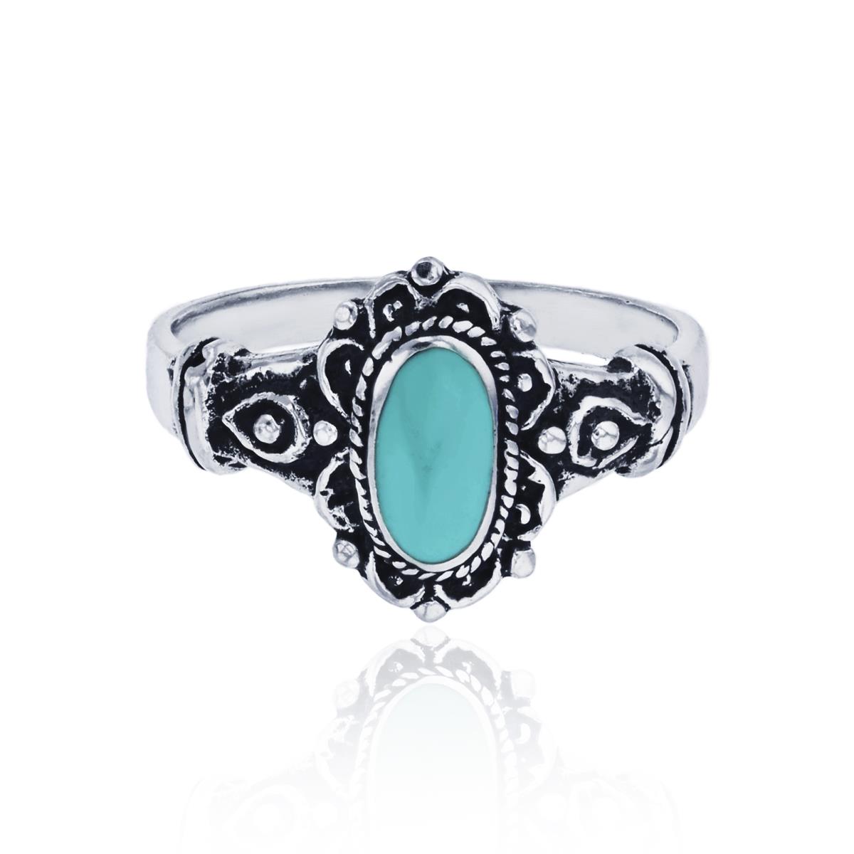 Sterling Silver Oxidized Elongated Oval Created Turquoise Antique Fashion Ring
