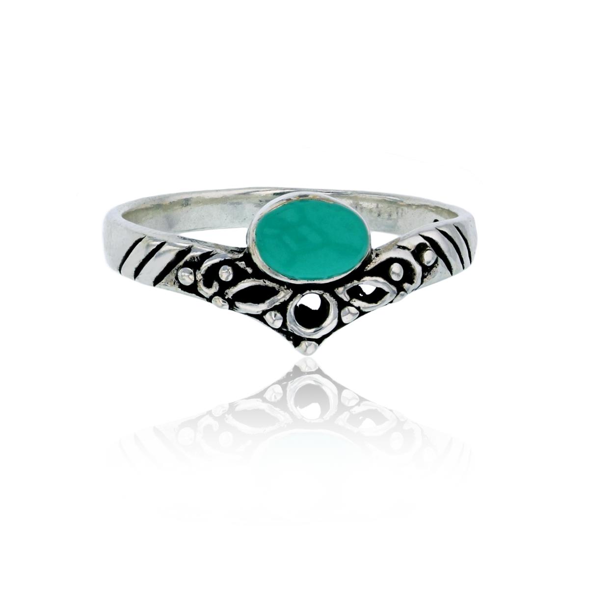 Sterling Silver Oxidized Oval Created Turquoise Textured "V" Shaped Fashion Ring