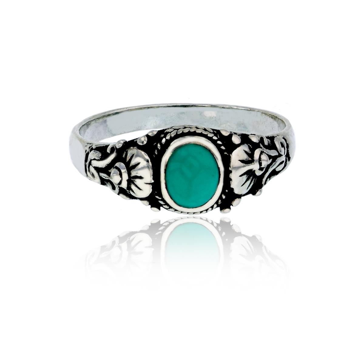 Sterling Silver Oxidized Created Turquoise Antique Floral Fashion Ring