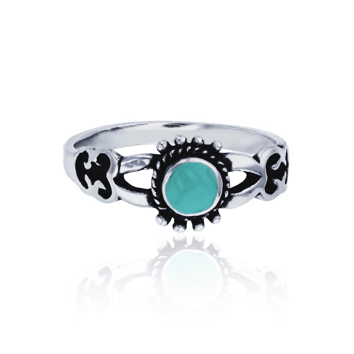 Sterling Silver Oxidized Circle Created Turquoise Split Shank Filigree Fashion Ring
