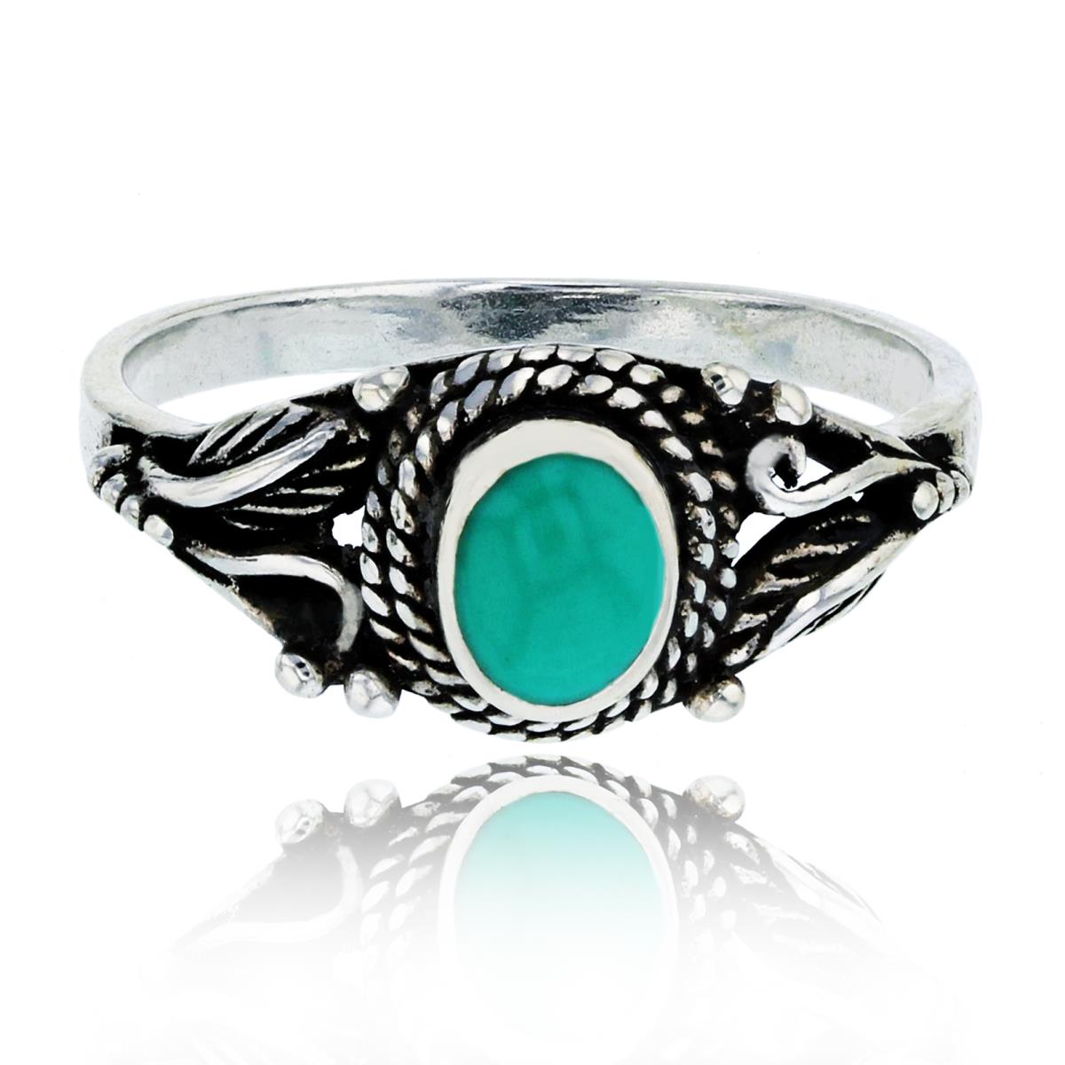 Sterling Silver Oxidized Created Turquoise Antique Leaf & Filigree Fashion Ring