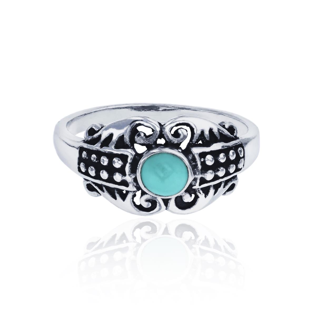 Sterling Silver Oxidized Created Turquoise Bubbles & Filigree Anique Fashion Ring