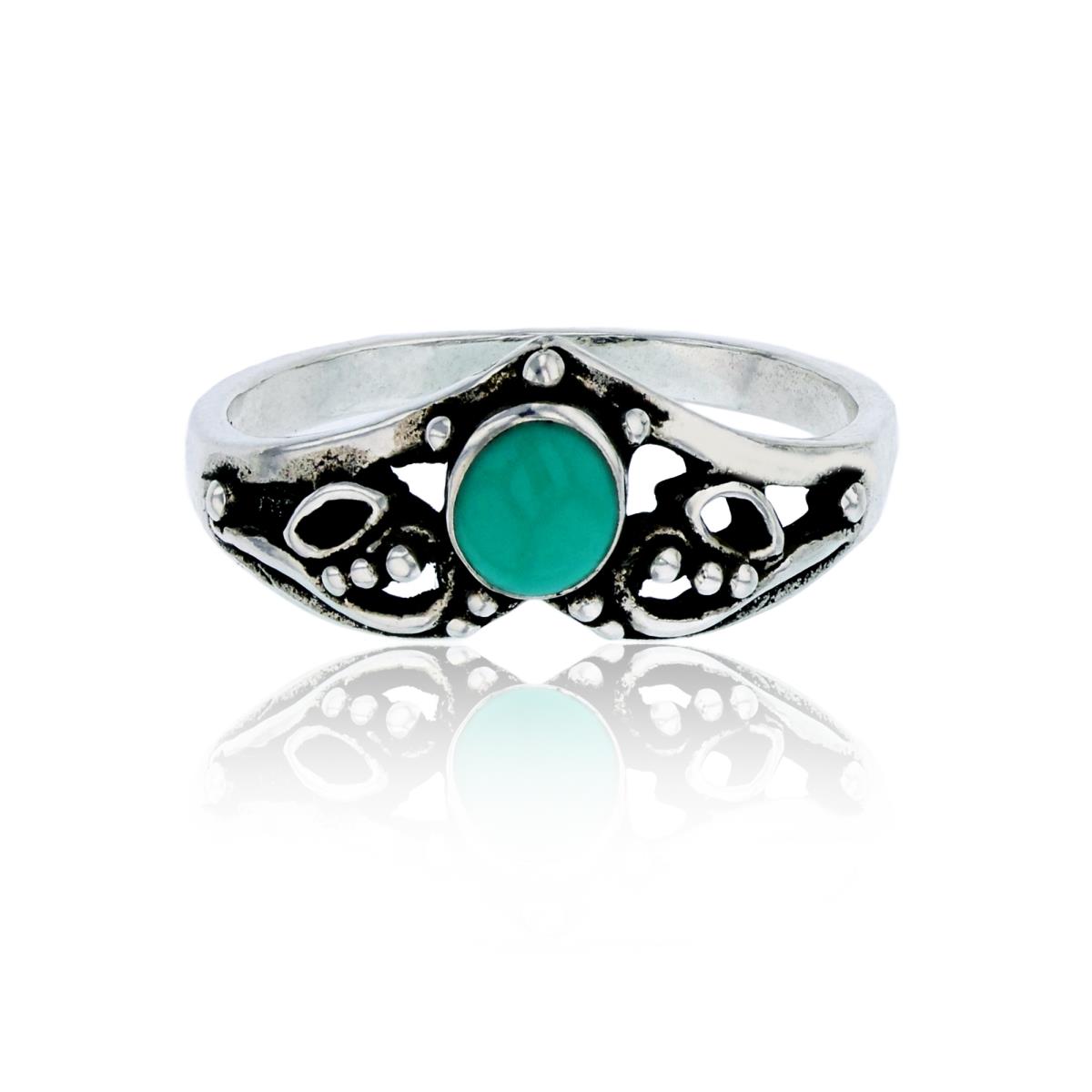 Sterling Silver Oxidized Round Created Turquoise Milgrain Filigree Crown Fashion Ring